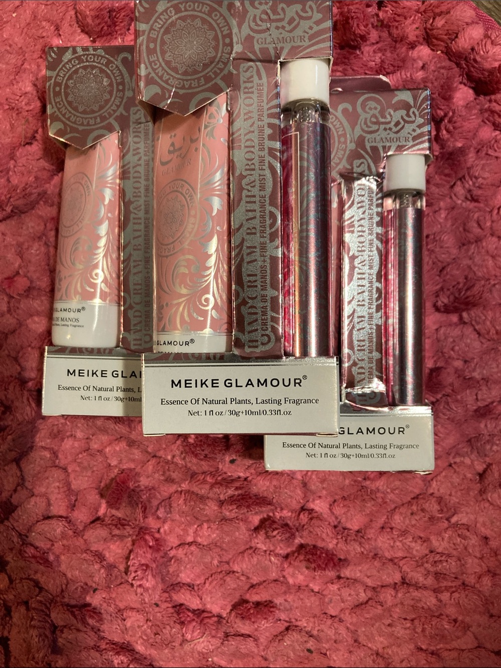 Glamour Pink Metallic Roll-On Fragrance Set with lotion.